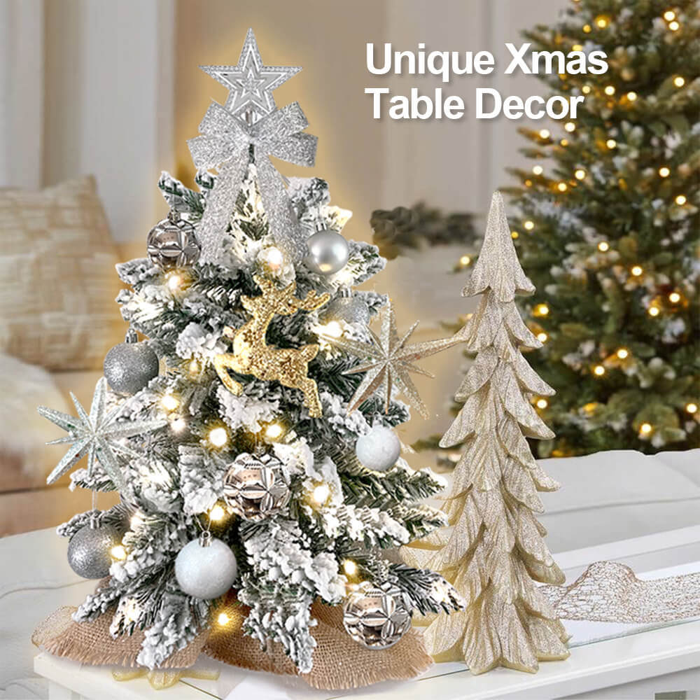 2ft Mini Christmas Tree with Light Tabletop Christmas Decoration with Flocked Snow