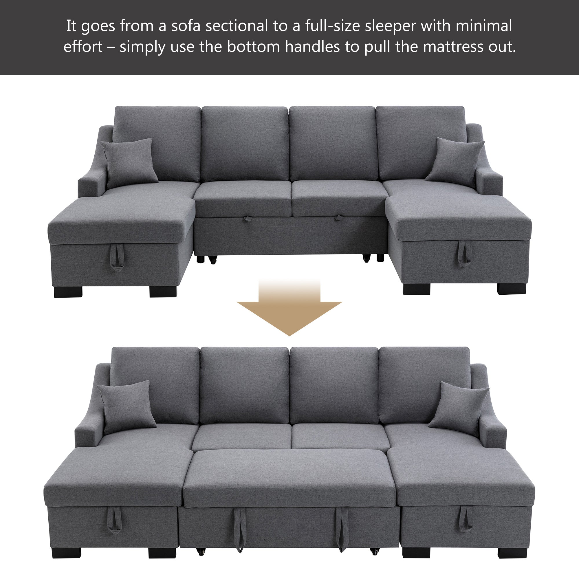 Upholstery Sleeper Sectional Sofa with Double Storage Spaces; 2 Tossing Cushions