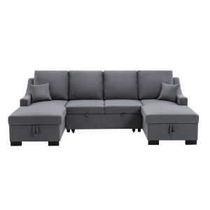 Upholstery Sleeper Sectional Sofa with Double Storage Spaces 2 Tossing Cushions - Grey