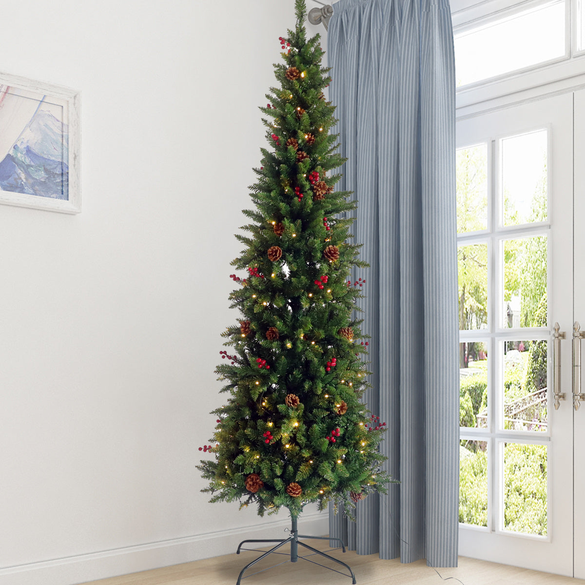 7.5ft Artificial Slim Christmas Tree Pre-lit Pencil Feel Real Skinny Fir Tree with Cones and Berries Foldable Metal Stand