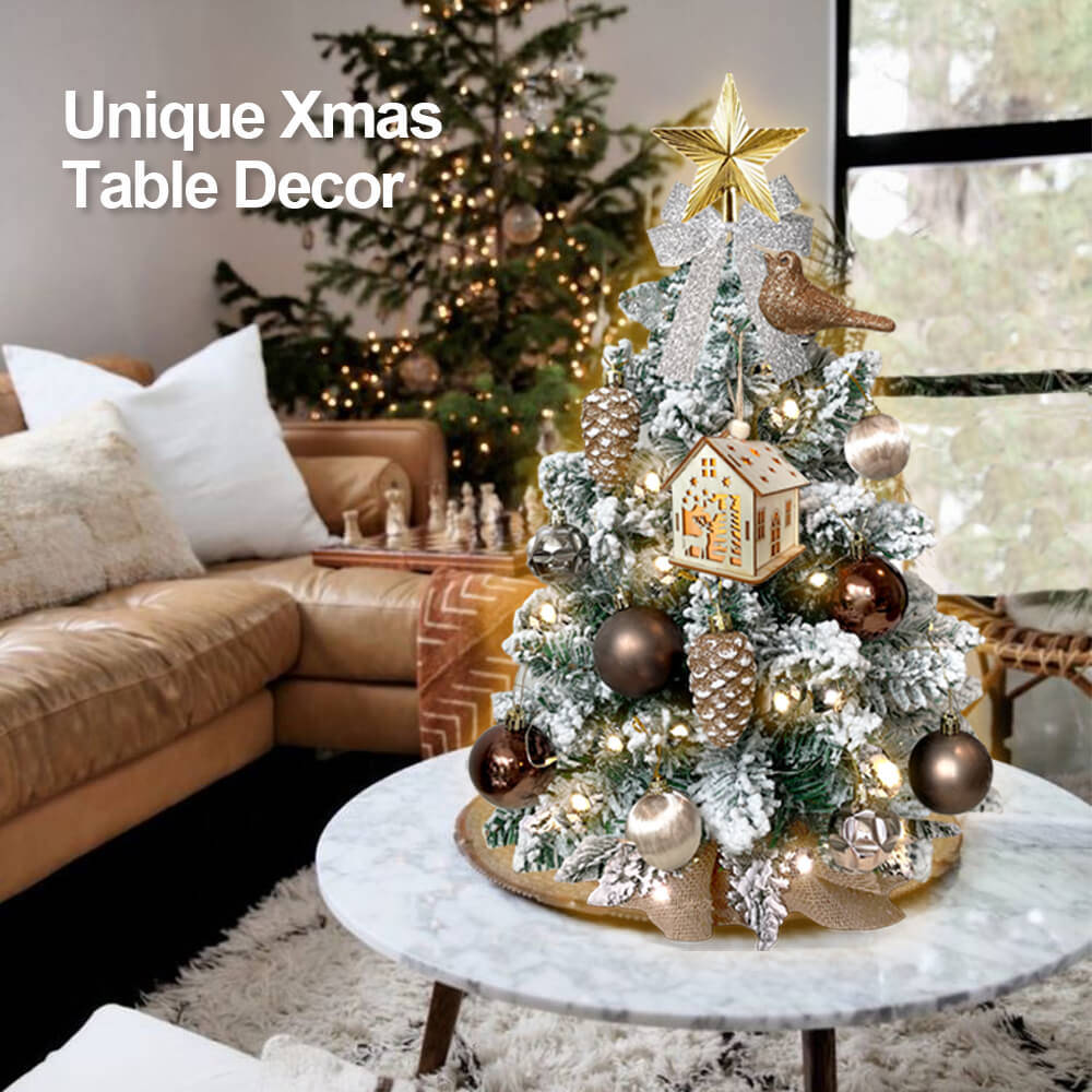 2ft Mini Christmas Tree with Light Tabletop Woodland Christmas Decoration with Flocked Snow