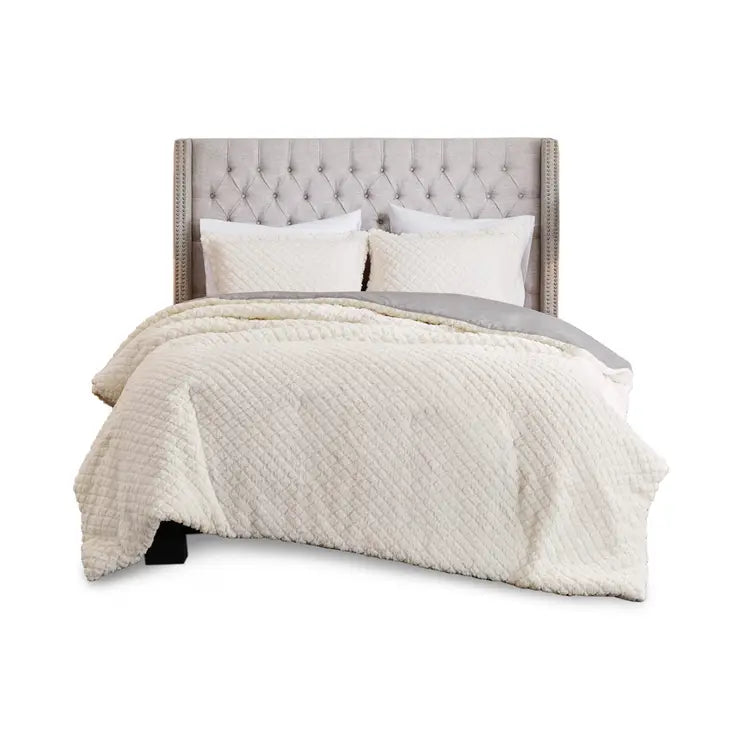Embossed Sherpa Faux Mink Comforter Mini Set, Ivory