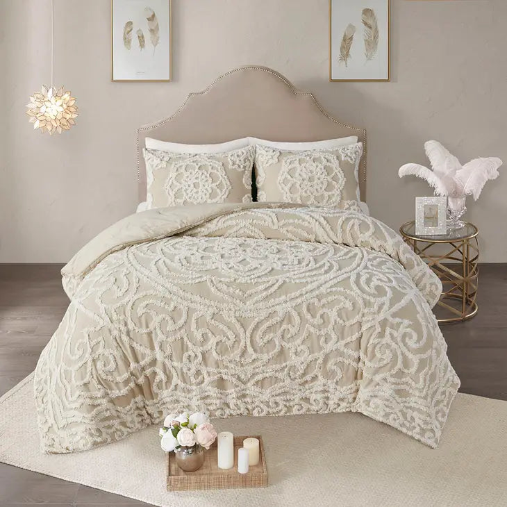 Tufted Medallion Comforter/Duvet Cover Set, Taupe