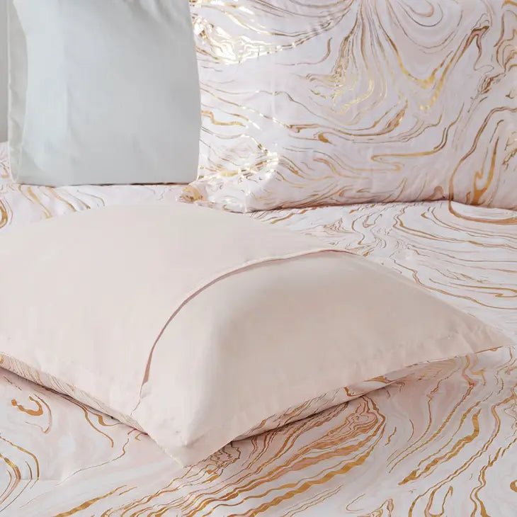 Metallic Marble Swirl 5-Piece Comforter Set, Pink/Gold