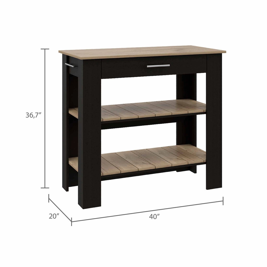 Light Oak and Black Kitchen Island with Two Open Shelves