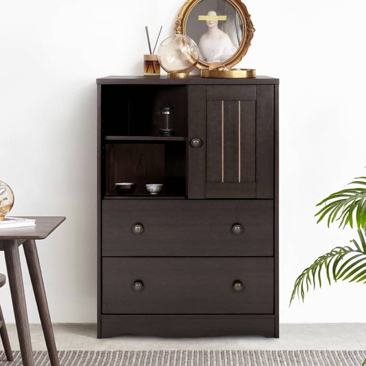 Compact Wooden Storage Cabinet with Shelves and Drawers