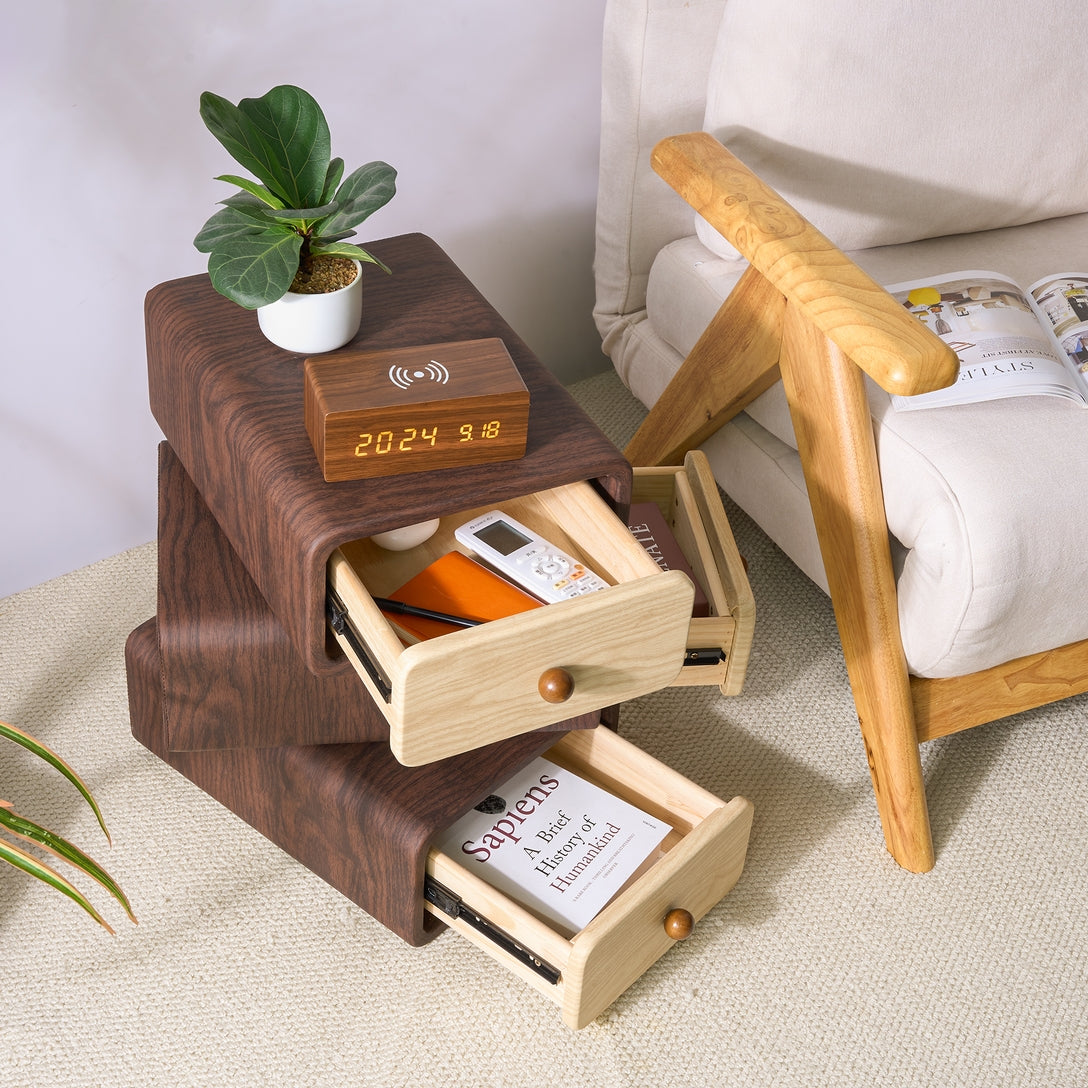 360° Rotatable Solid Wood Nightstand with 3 Drawers – Smart Space-Saving End Table, Swivel Accent Side Table for Bedroom & Living Room