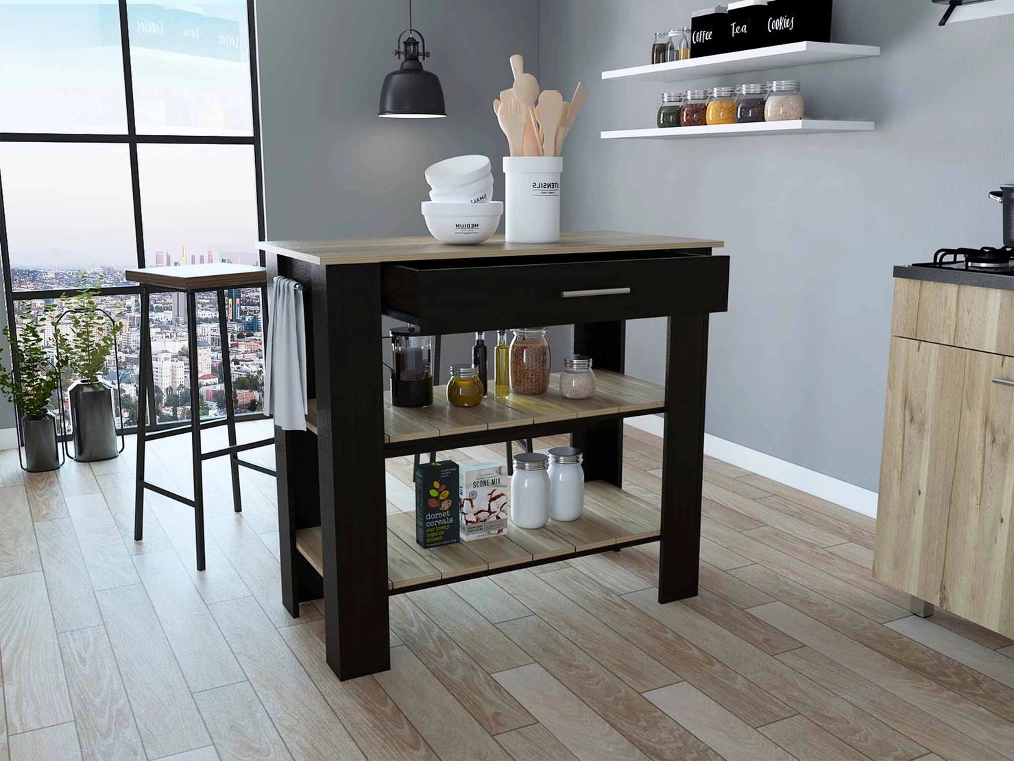 Light Oak and Black Kitchen Island with Two Open Shelves