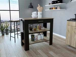 Light Oak and Black Kitchen Island with Two Open Shelves