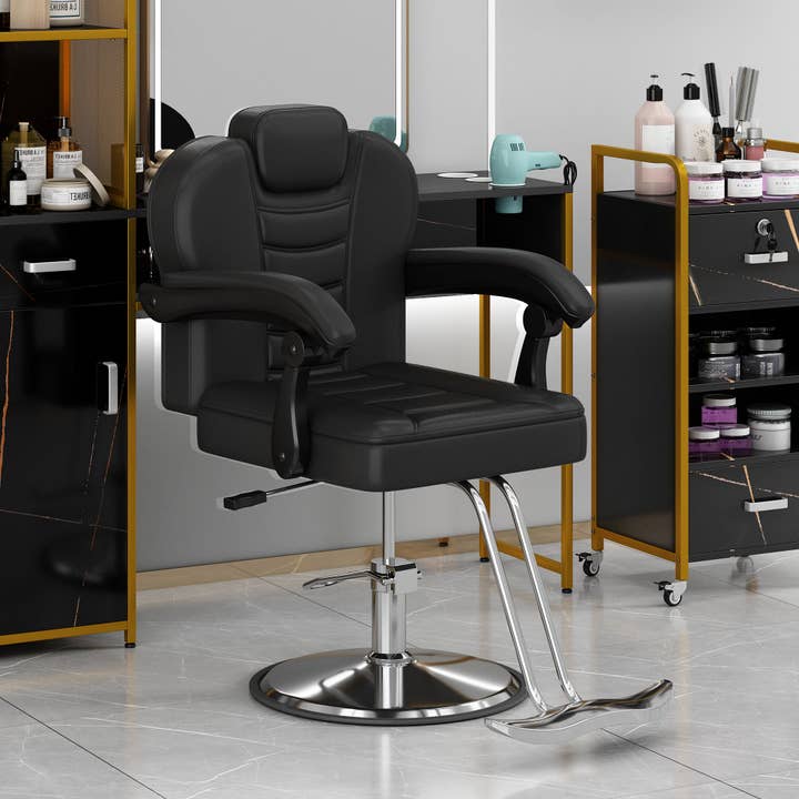 Classic Reclining Barber Chair Salon Chair For Hair Stylist with Heavy Duty Hydraulic Pump, 360 Rotation, Tattoo Chair Shampoo Beauty Salon Equipment, Max Load Weight 330 Lbs, Black Black Metal