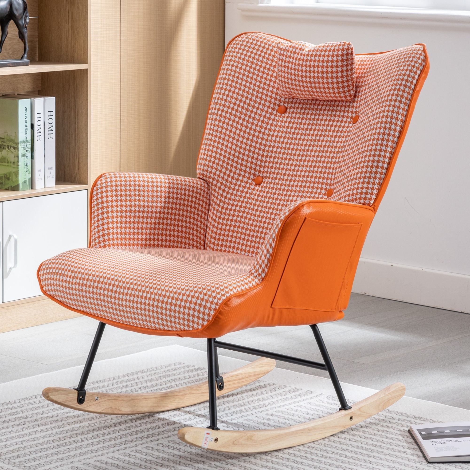 35.5-Inch Rocking Chair, Cozy Reading Chair with Houndstooth and Leather Upholstery, Comfortable Wingback Glider for Nursery, Living Room, Bedroom, or Balcony
