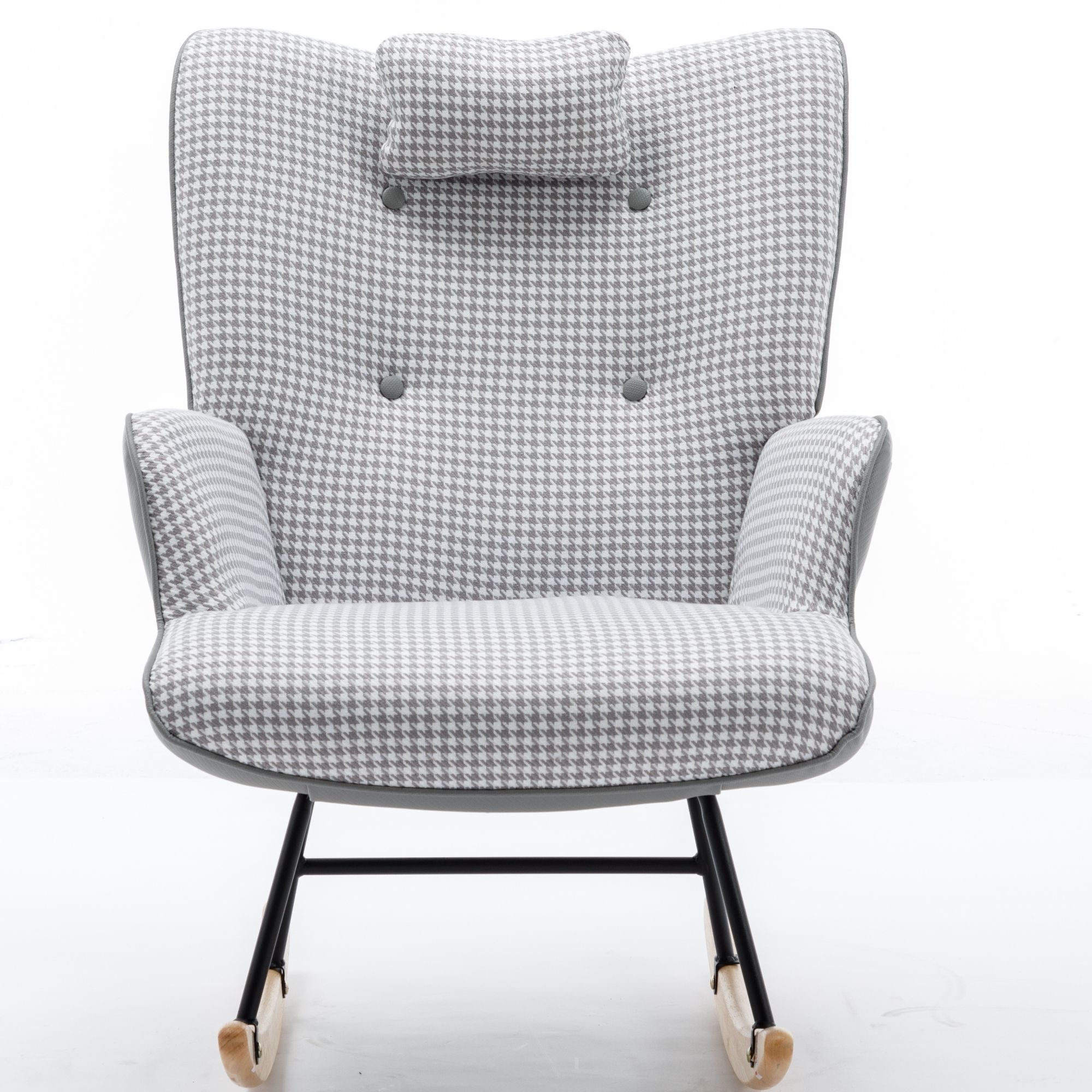 35.5-Inch Rocking Chair, Cozy Reading Chair with Houndstooth and Leather Upholstery, Comfortable Wingback Glider for Nursery, Living Room, Bedroom, or Balcony