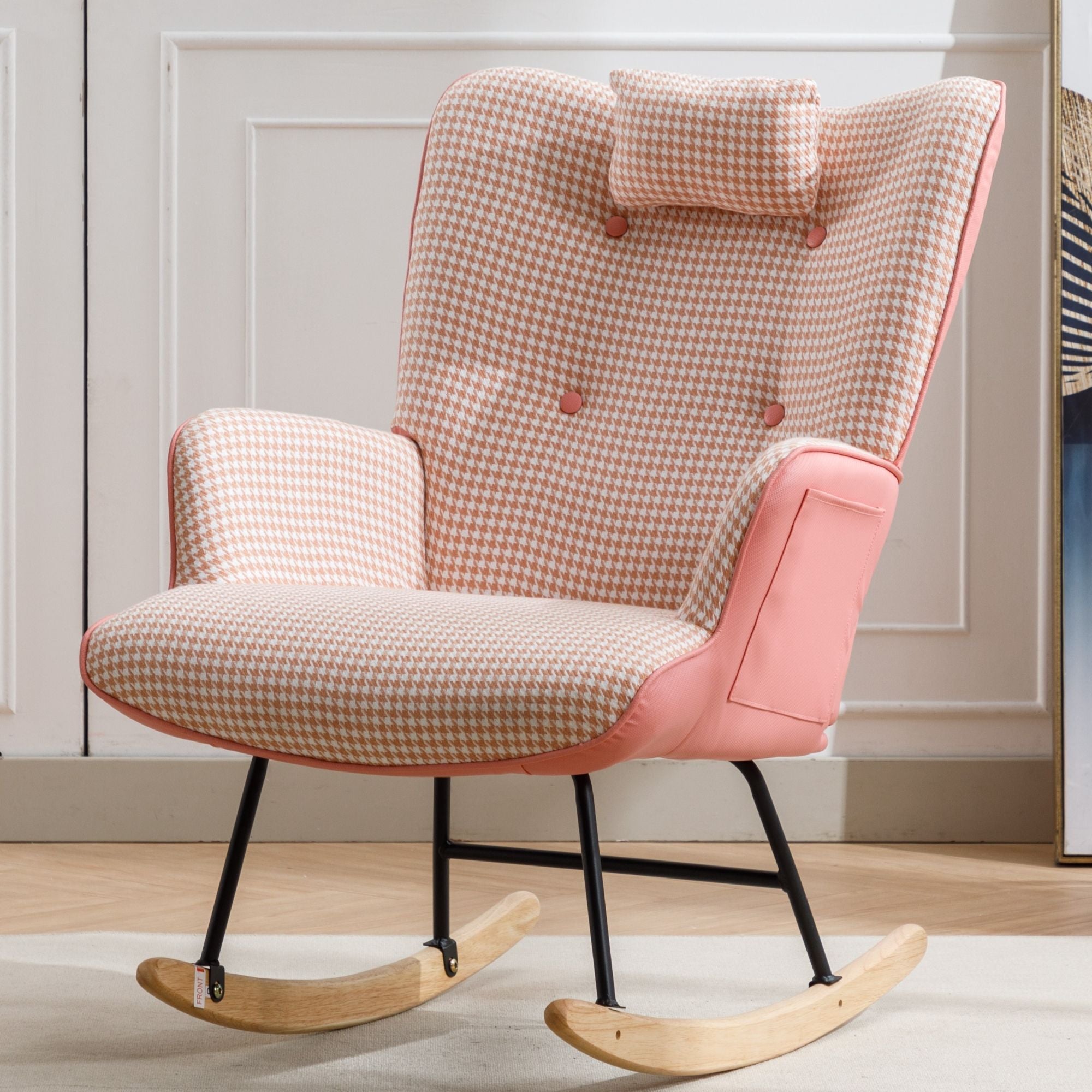 35.5-Inch Rocking Chair, Cozy Reading Chair with Houndstooth and Leather Upholstery, Comfortable Wingback Glider for Nursery, Living Room, Bedroom, or Balcony