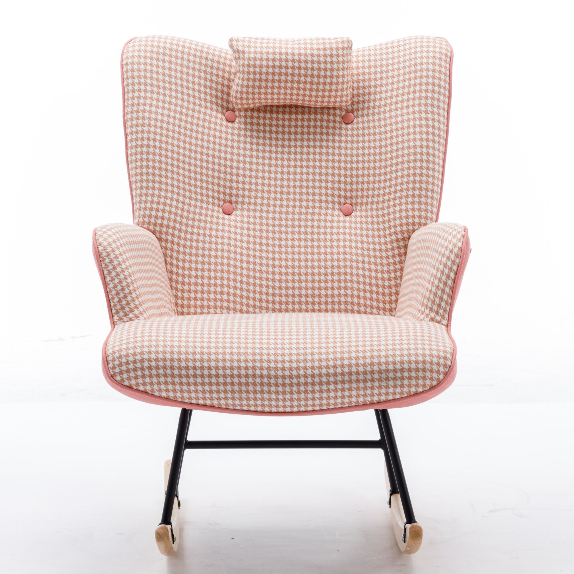 35.5-Inch Rocking Chair, Cozy Reading Chair with Houndstooth and Leather Upholstery, Comfortable Wingback Glider for Nursery, Living Room, Bedroom, or Balcony