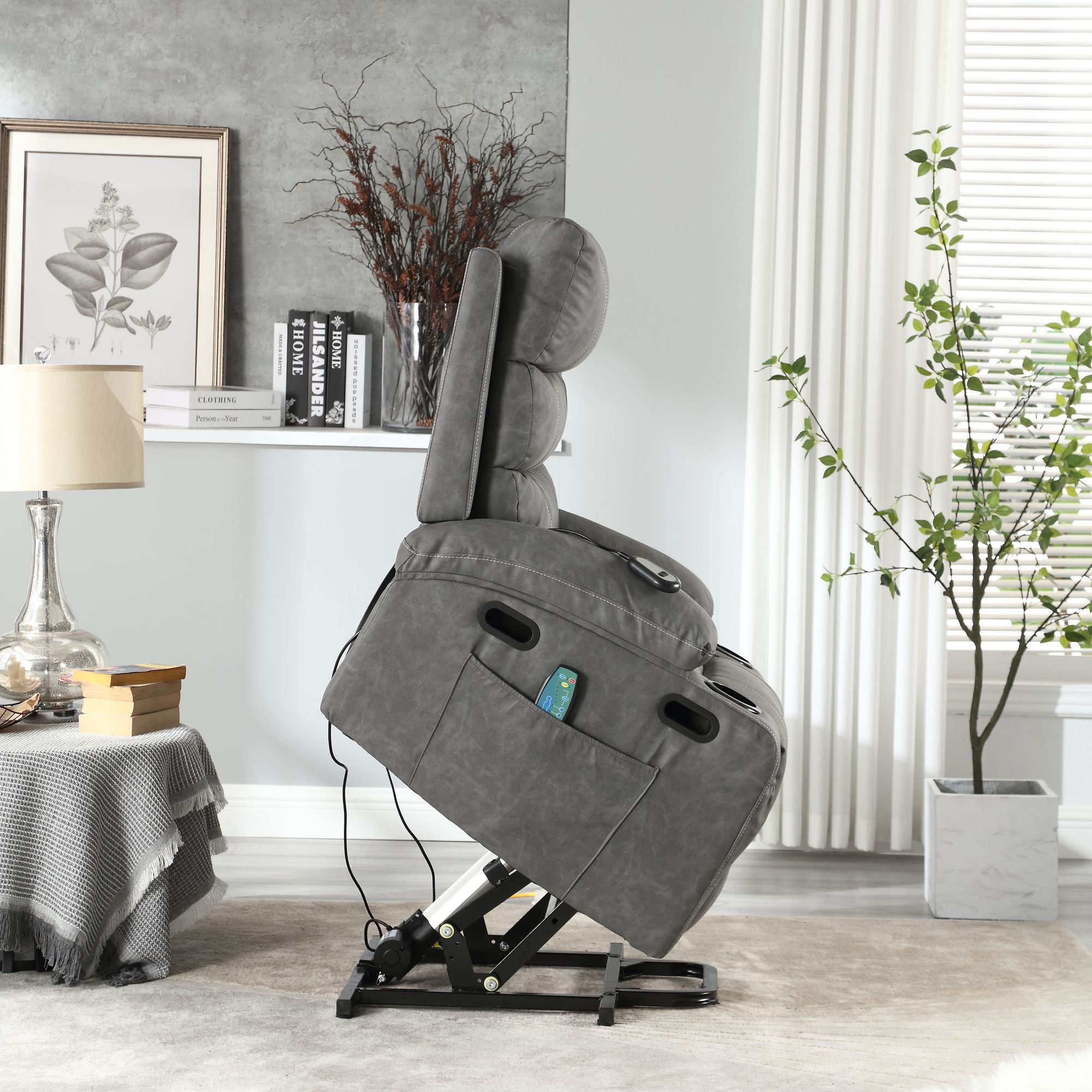 21" Wide Electric Lift Recliner for Elderly, Massage, Heat, Remote, Cup Holders, and Side Pockets