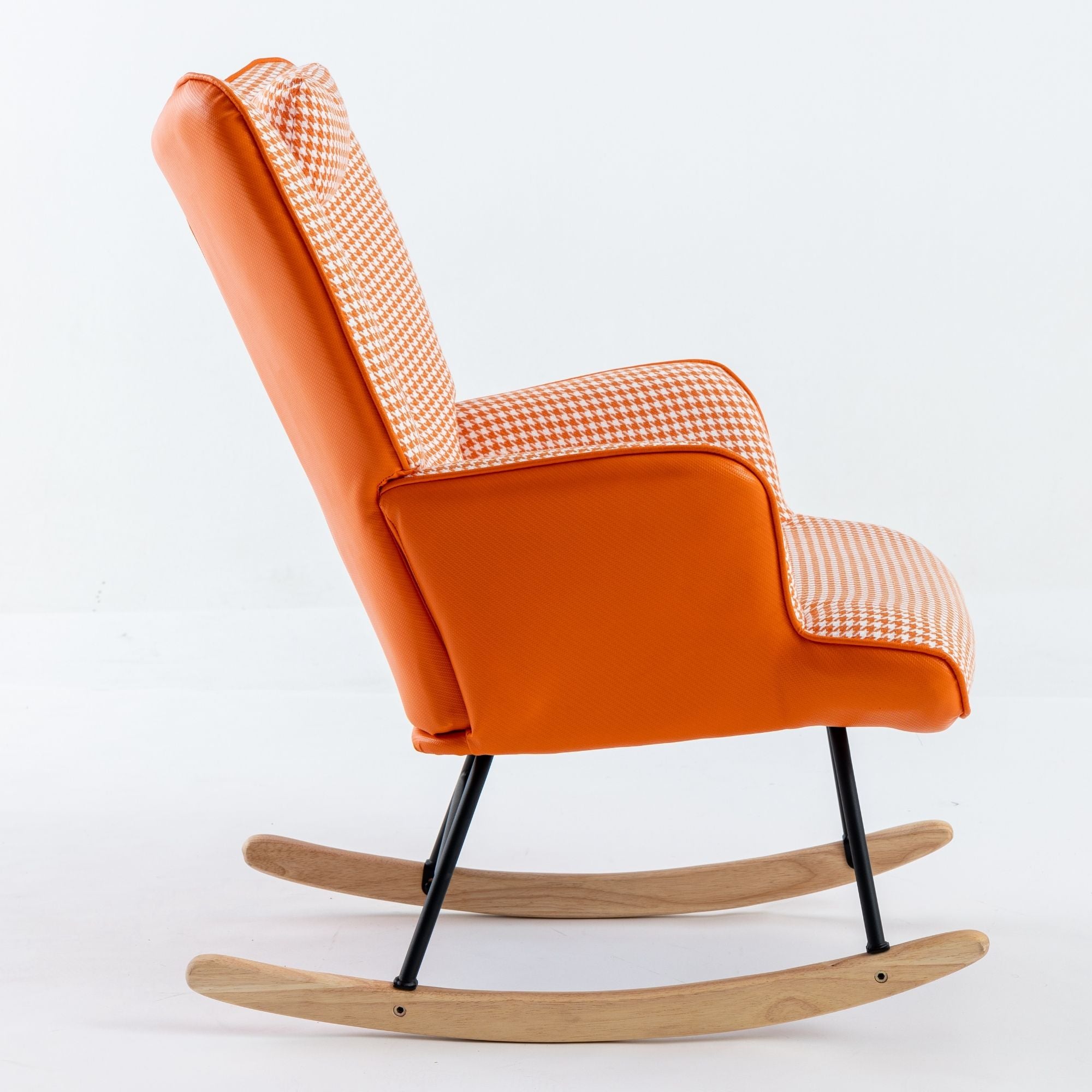 35.5-Inch Rocking Chair, Cozy Reading Chair with Houndstooth and Leather Upholstery, Comfortable Wingback Glider for Nursery, Living Room, Bedroom, or Balcony