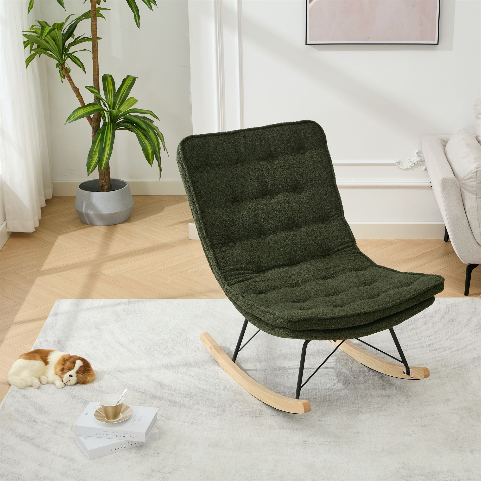 Armless Upholstered Lounge Chair with Wide Backrest and Wooden Rocking Base – Comfortable and Stylish