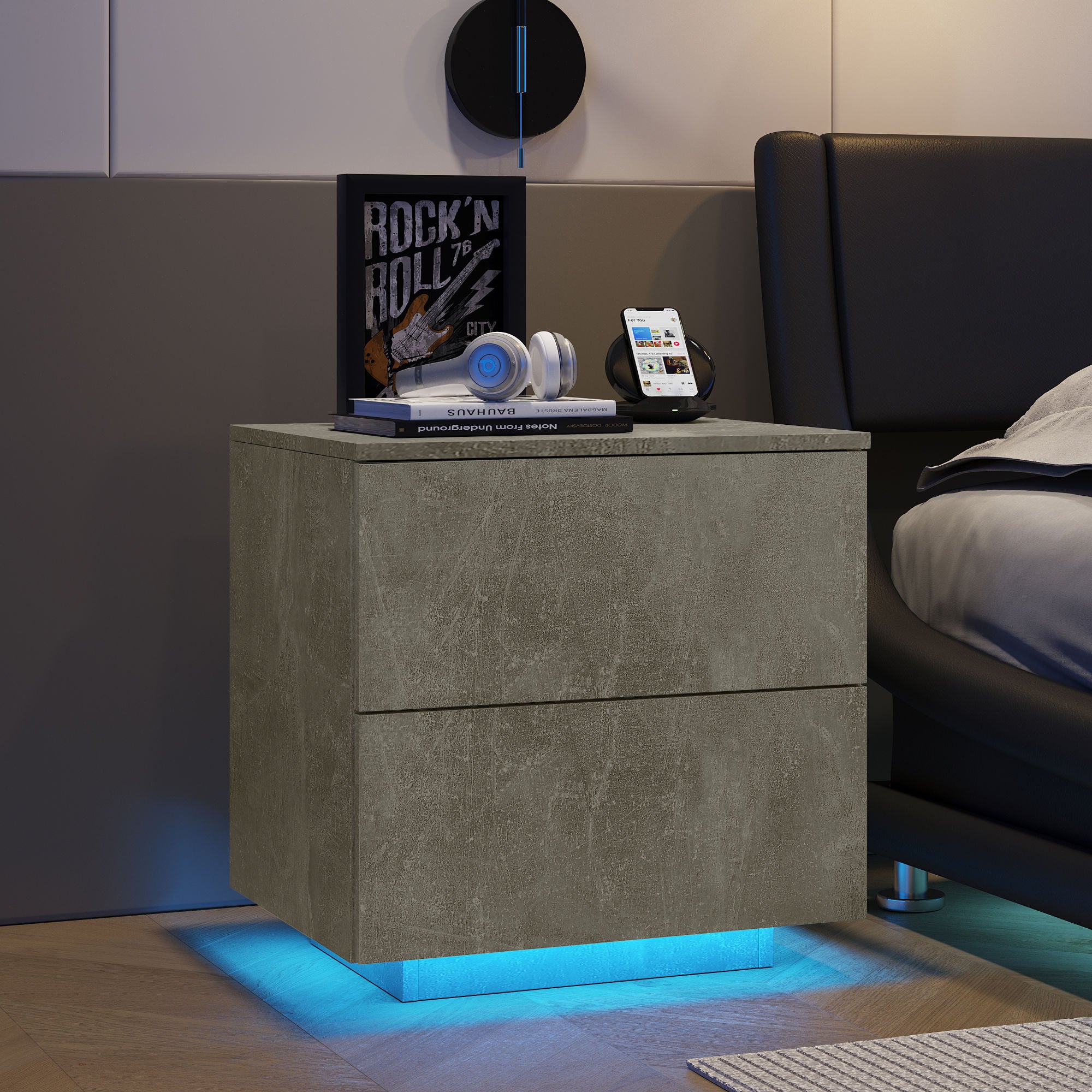 Nightstand with LED Strip Lights, Modern Bed Side Table with 2 Drawers, Grey