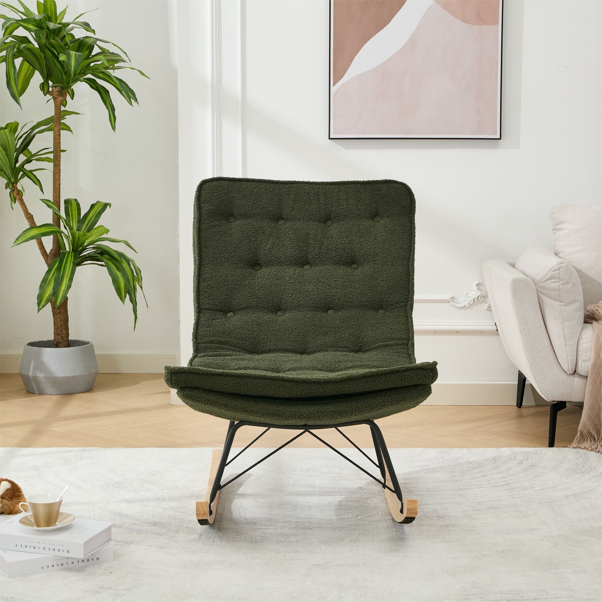 Armless Upholstered Lounge Chair with Wide Backrest and Wooden Rocking Base – Comfortable and Stylish