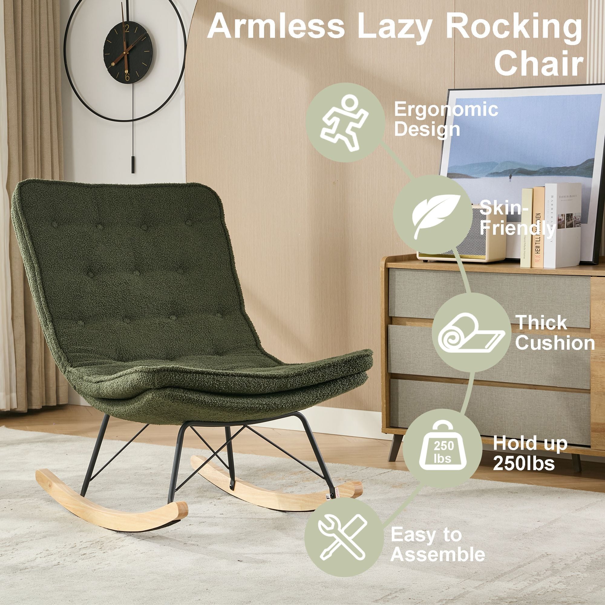 Armless Upholstered Lounge Chair with Wide Backrest and Wooden Rocking Base – Comfortable and Stylish