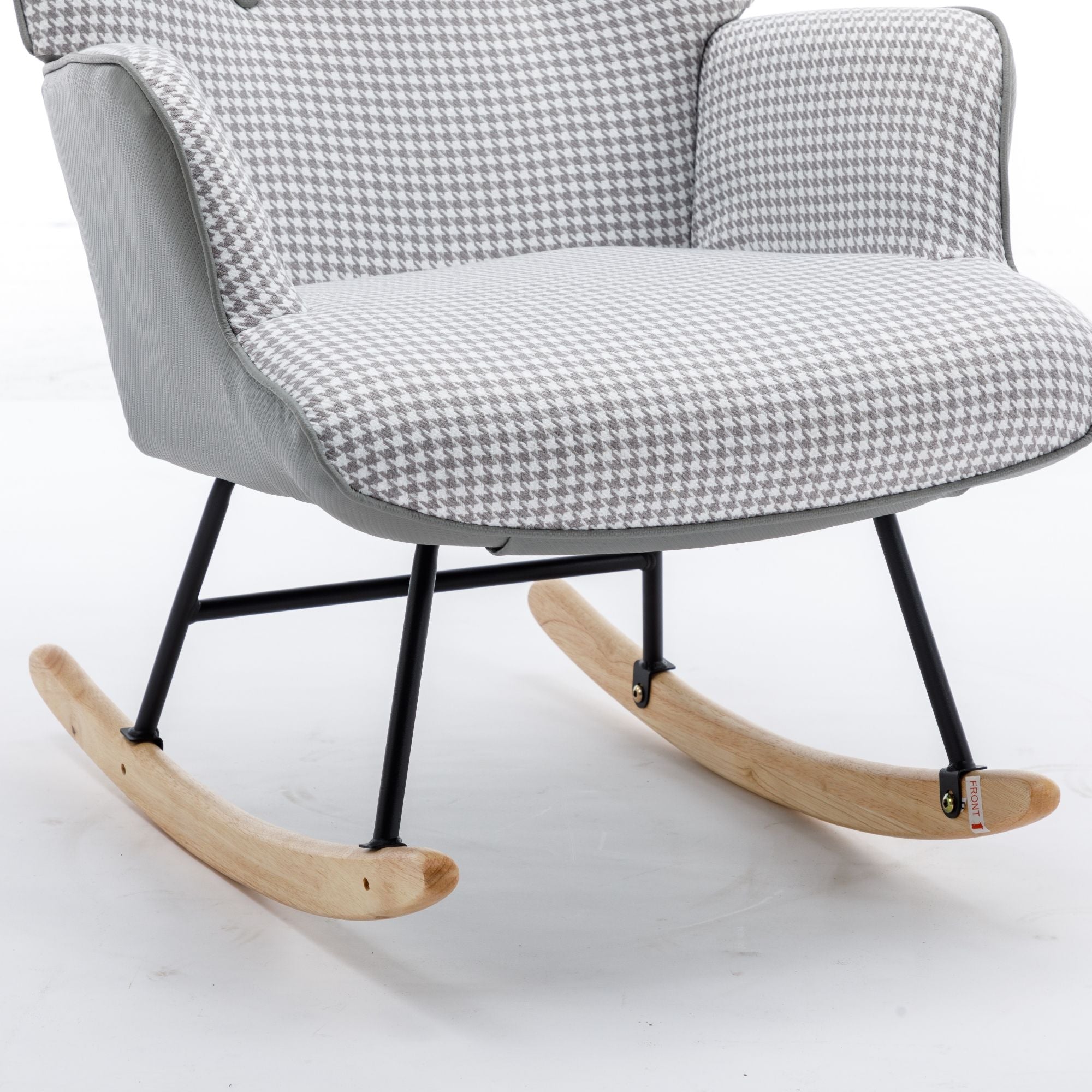 35.5-Inch Rocking Chair, Cozy Reading Chair with Houndstooth and Leather Upholstery, Comfortable Wingback Glider for Nursery, Living Room, Bedroom, or Balcony