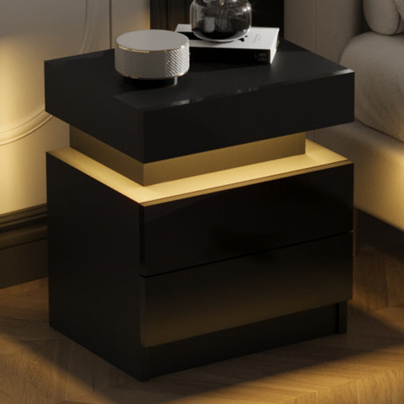 Modern Wood Black Nightstand for Bedroom Furniture with LED Light 2 Drawers Flipping Top Storage Bedside Table