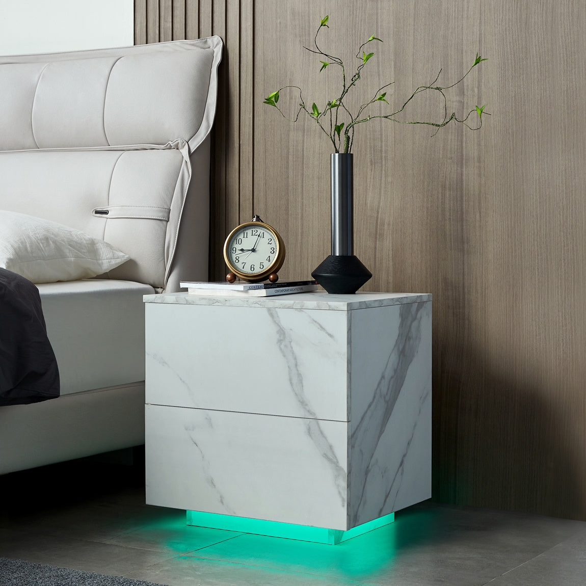 Nightstands LED Side Tables Bedroom Modern End Tables with 2 Drawers, White