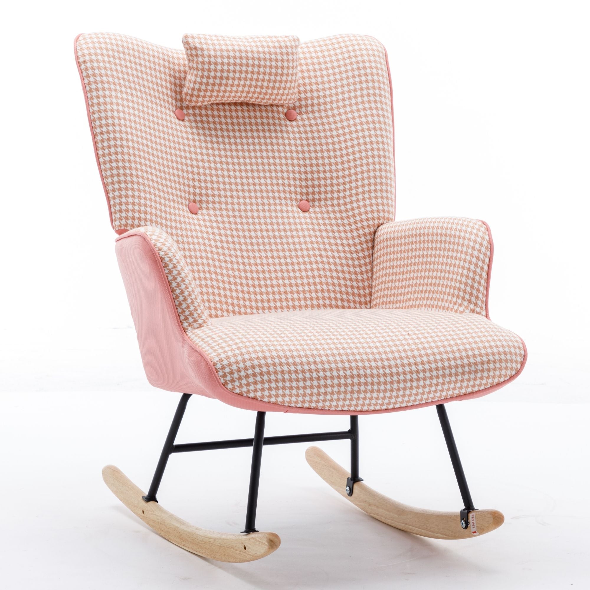 35.5-Inch Rocking Chair, Cozy Reading Chair with Houndstooth and Leather Upholstery, Comfortable Wingback Glider for Nursery, Living Room, Bedroom, or Balcony