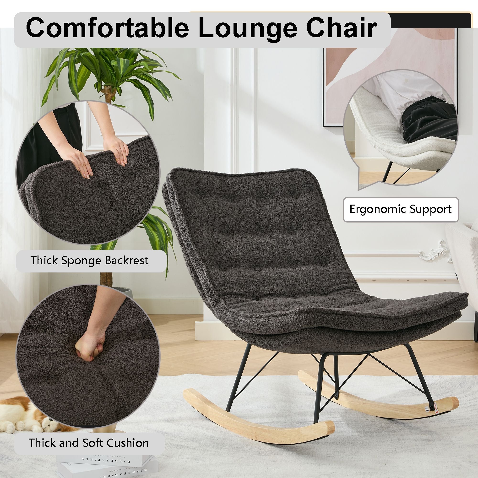 Armless Upholstered Lounge Chair with Wide Backrest and Wooden Rocking Base – Comfortable and Stylish