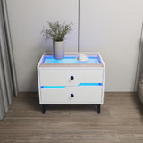 Smart Bedside Table, Nightstand with LED Light Nightstand Modern White High Gloss Bedside Table with 2 Storage Drawers for Bedroom Wooden Smart Side Table End Table with LED Lights (White)