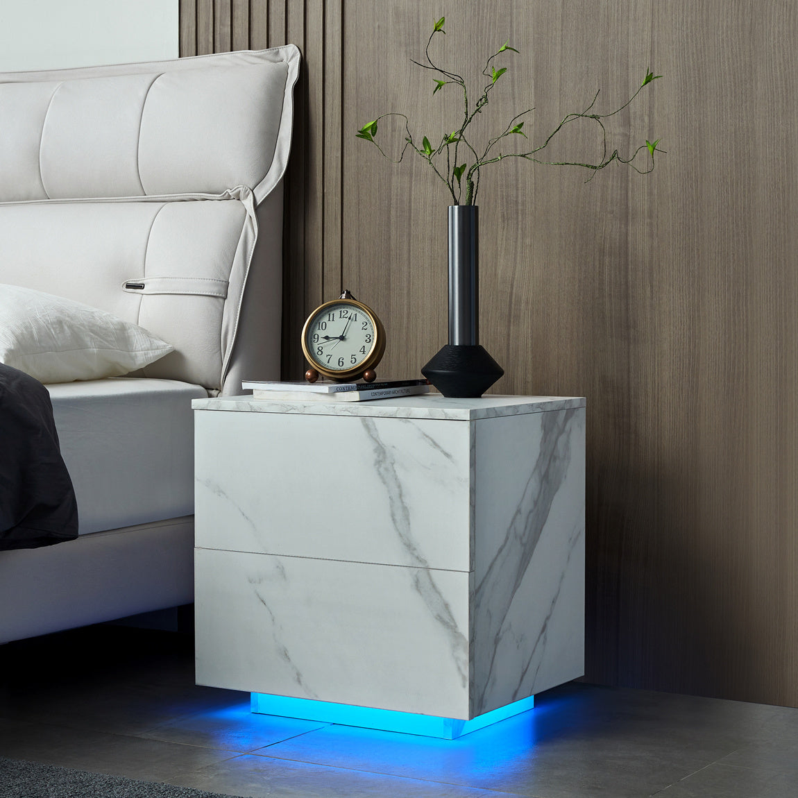 Nightstands LED Side Tables Bedroom Modern End Tables with 2 Drawers, White