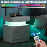 Modern White Nightstand with LED Light 2 Drawers Flipping Top Storage