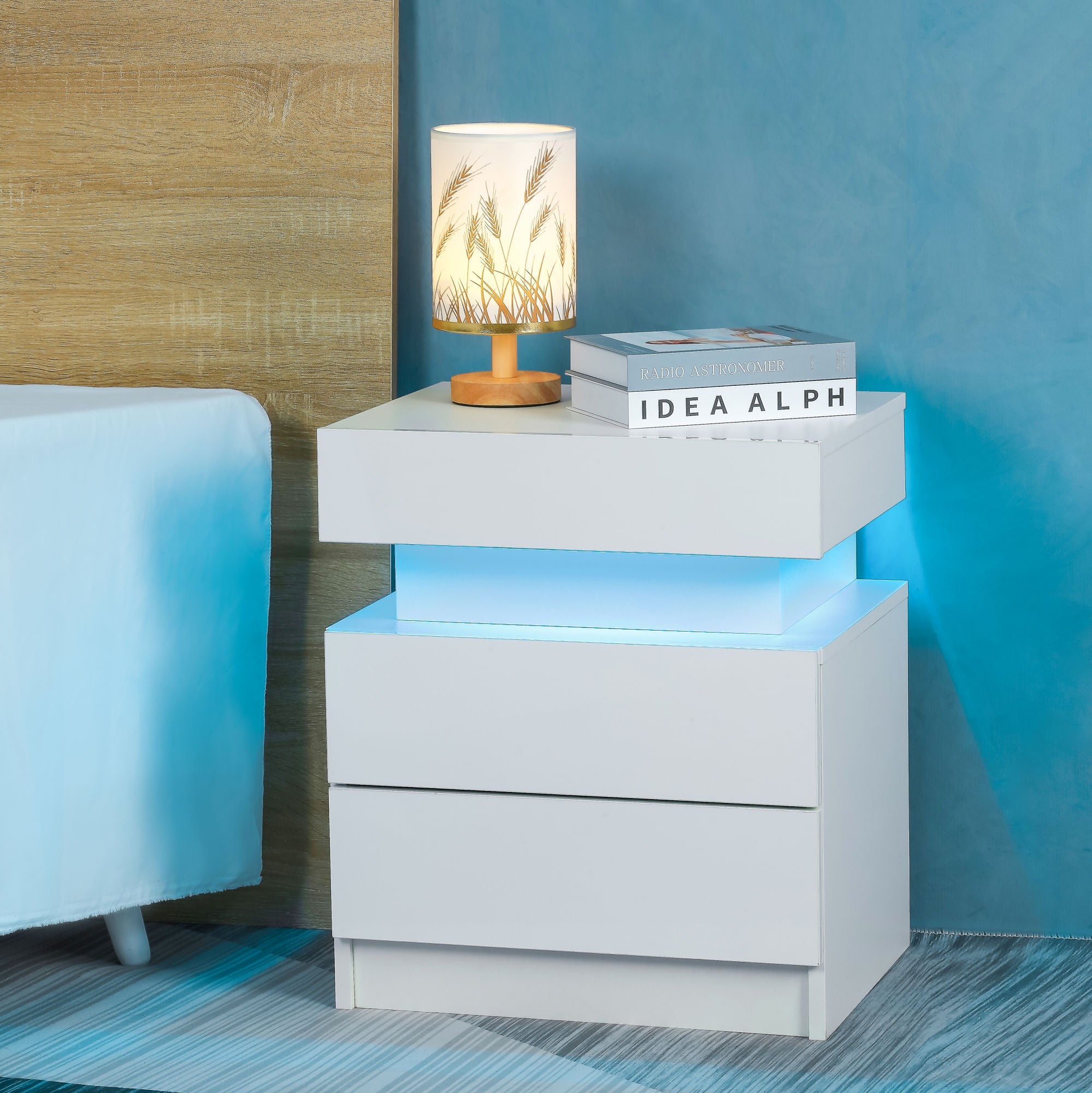 Modern LED Nightstand with 2 High Gloss Drawers and RGB Lights – White