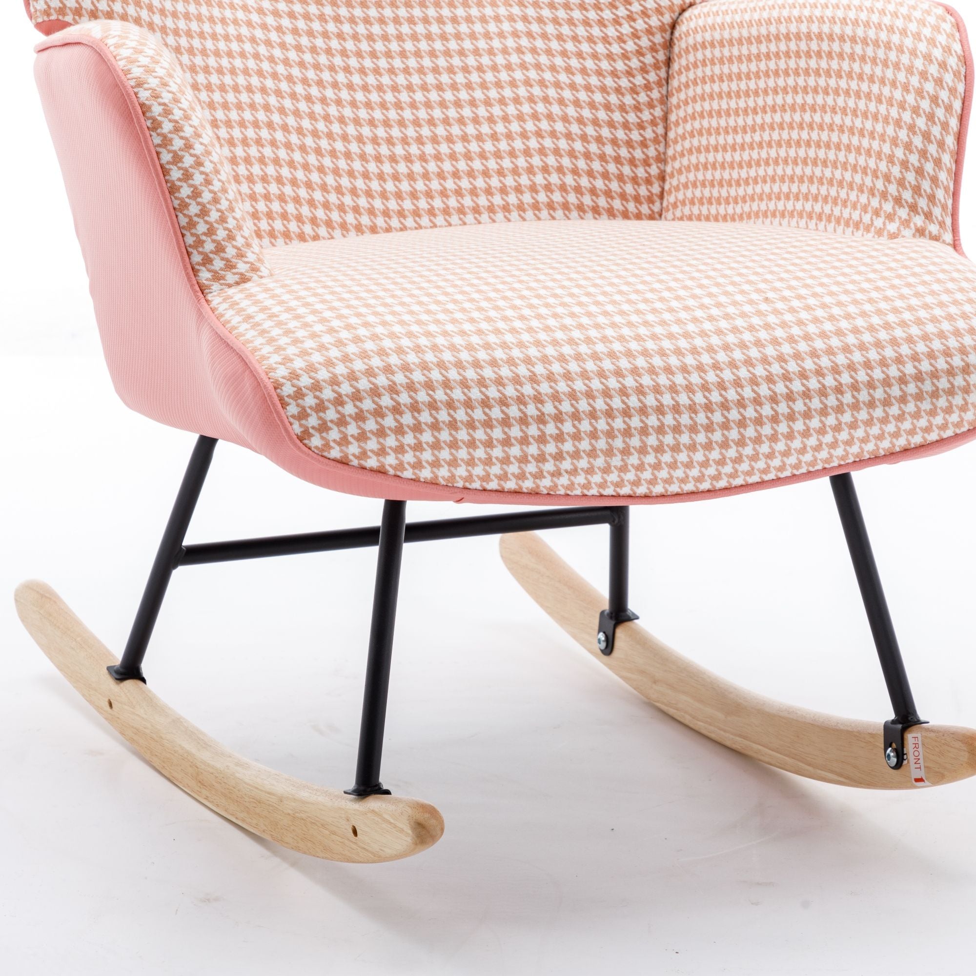 35.5-Inch Rocking Chair, Cozy Reading Chair with Houndstooth and Leather Upholstery, Comfortable Wingback Glider for Nursery, Living Room, Bedroom, or Balcony