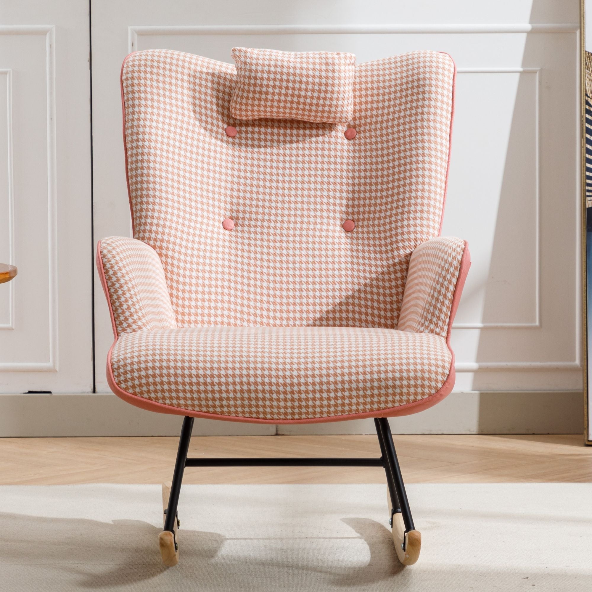 35.5-Inch Rocking Chair, Cozy Reading Chair with Houndstooth and Leather Upholstery, Comfortable Wingback Glider for Nursery, Living Room, Bedroom, or Balcony