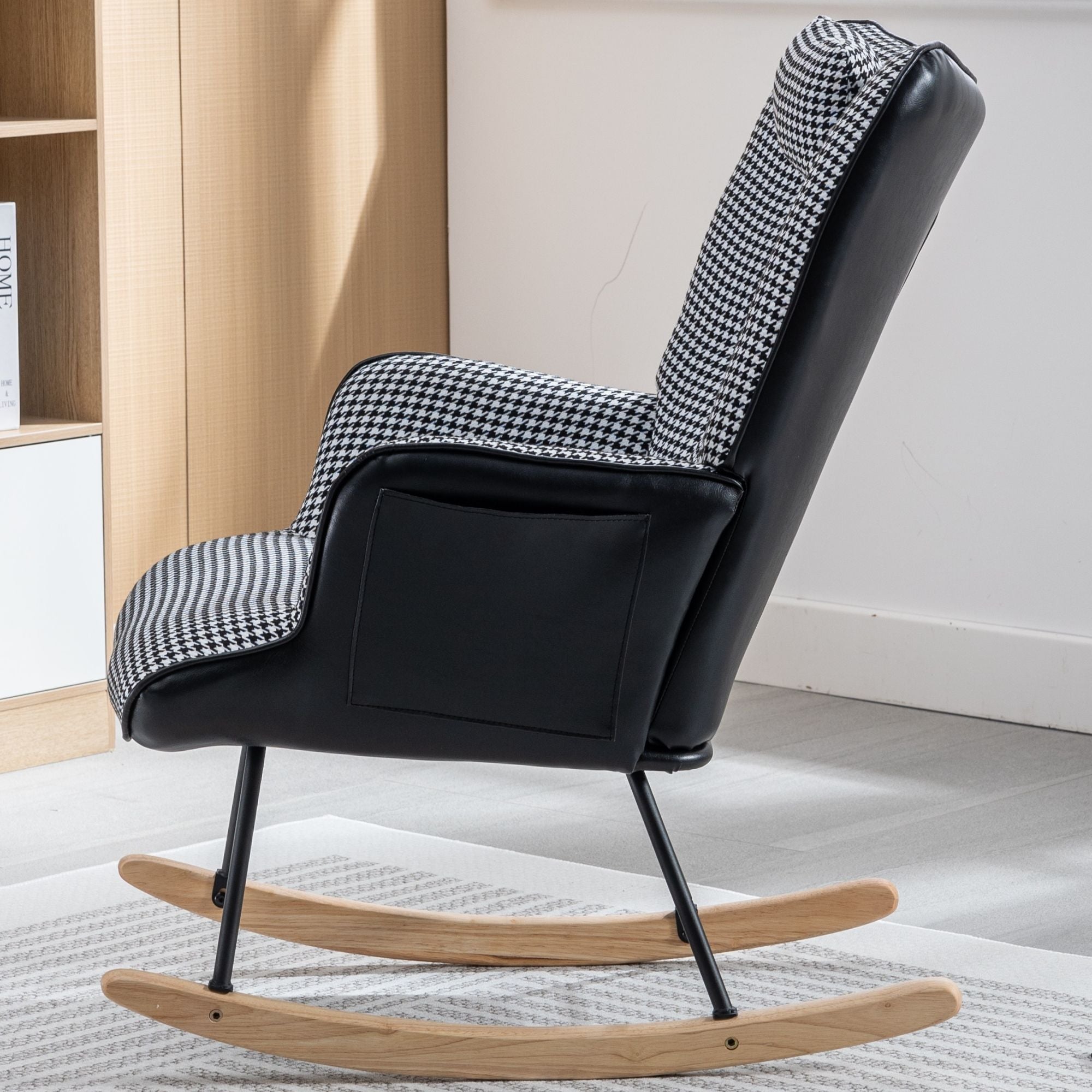 35.5-Inch Rocking Chair, Cozy Reading Chair with Houndstooth and Leather Upholstery, Comfortable Wingback Glider for Nursery, Living Room, Bedroom, or Balcony