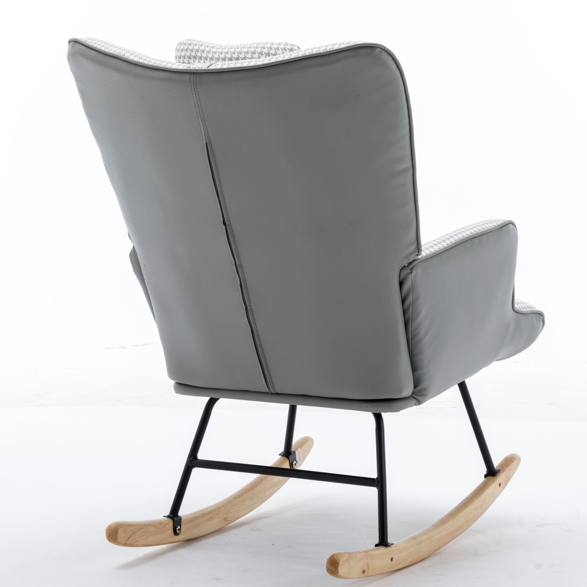 35.5-Inch Rocking Chair, Cozy Reading Chair with Houndstooth and Leather Upholstery, Comfortable Wingback Glider for Nursery, Living Room, Bedroom, or Balcony