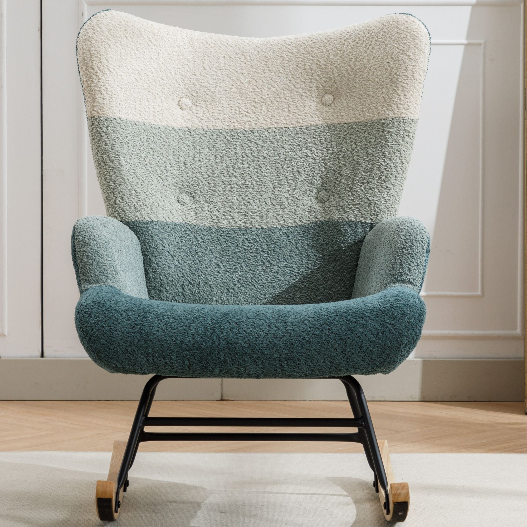 Modern Patchwork Rocking Chair with Solid Wood Armrests and Legs
