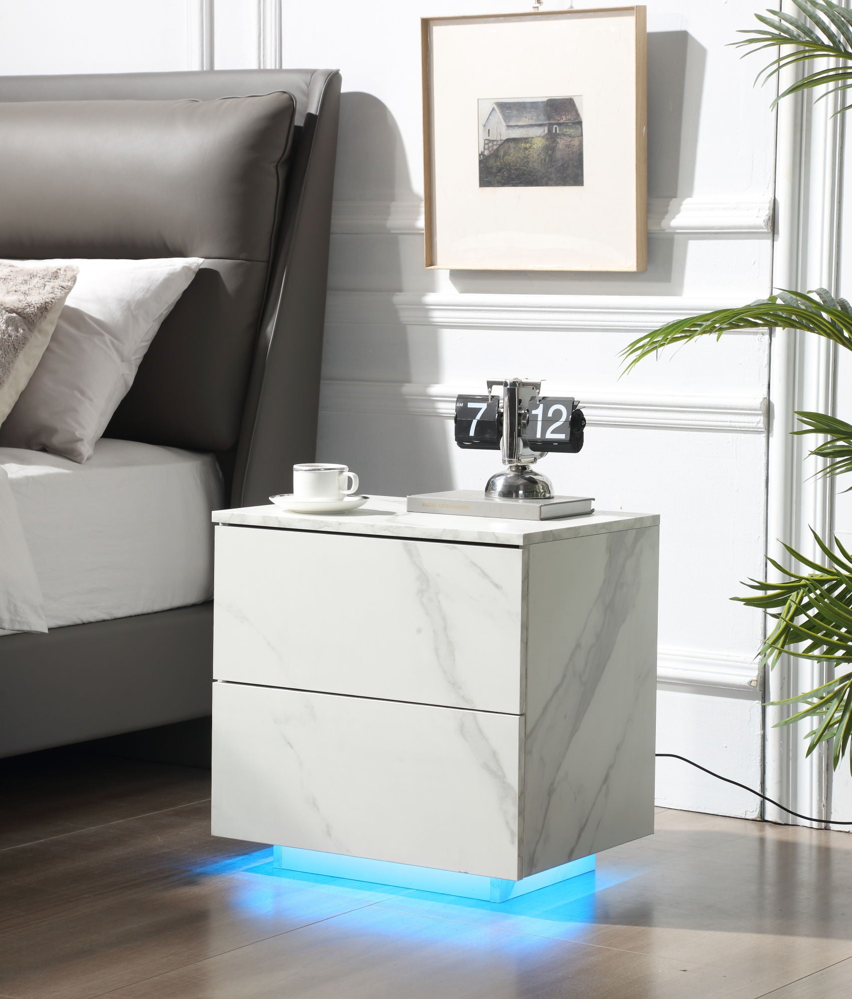 Nightstands LED Side Tables Bedroom Modern End Tables with 2 Drawers, White