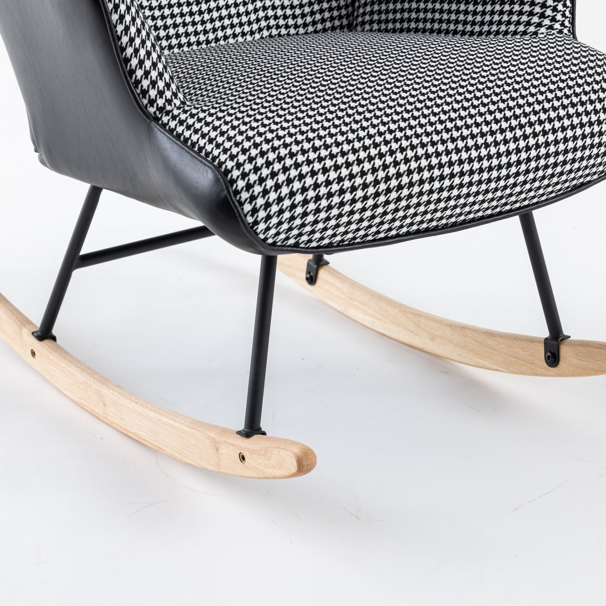 35.5-Inch Rocking Chair, Cozy Reading Chair with Houndstooth and Leather Upholstery, Comfortable Wingback Glider for Nursery, Living Room, Bedroom, or Balcony