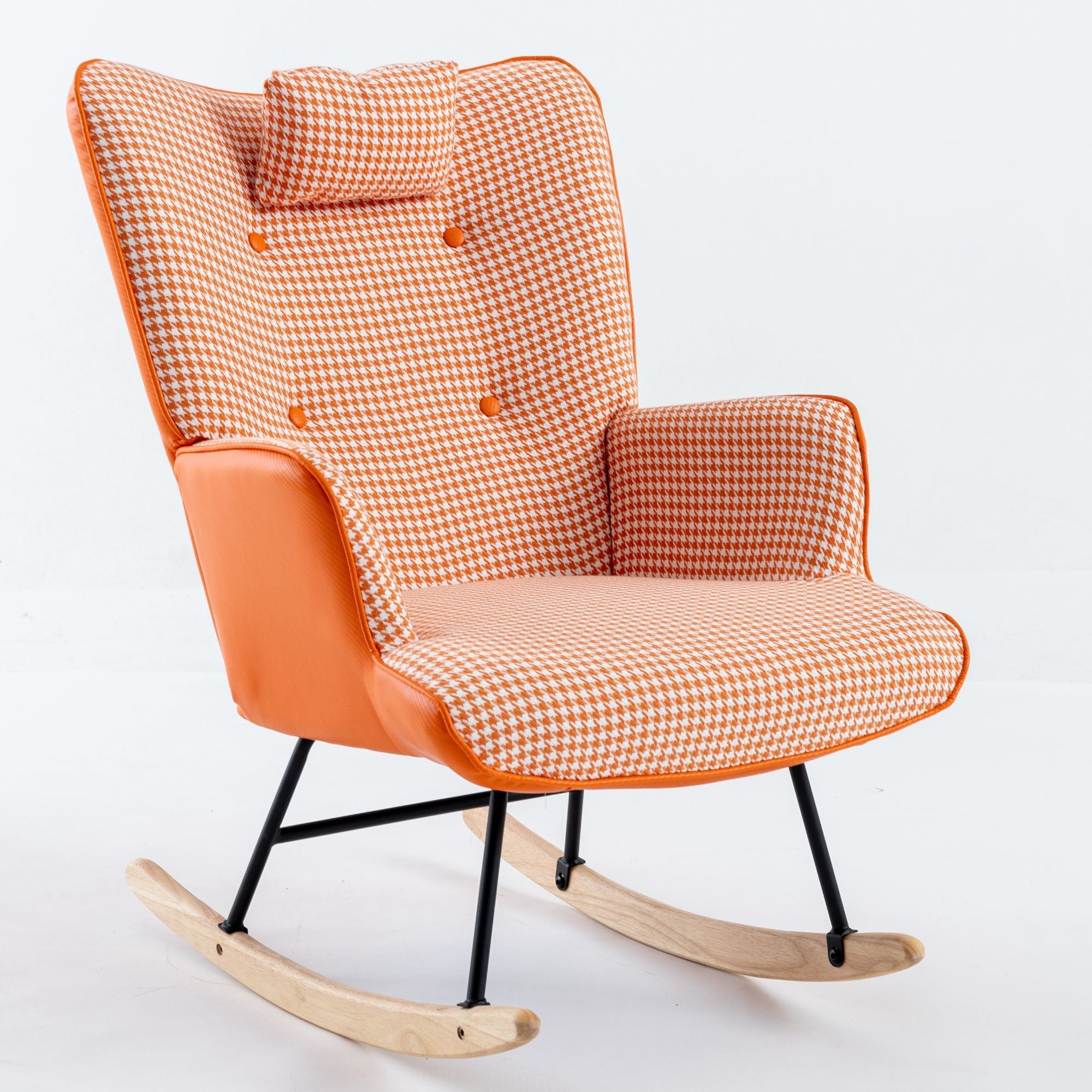 35.5-Inch Rocking Chair, Cozy Reading Chair with Houndstooth and Leather Upholstery, Comfortable Wingback Glider for Nursery, Living Room, Bedroom, or Balcony
