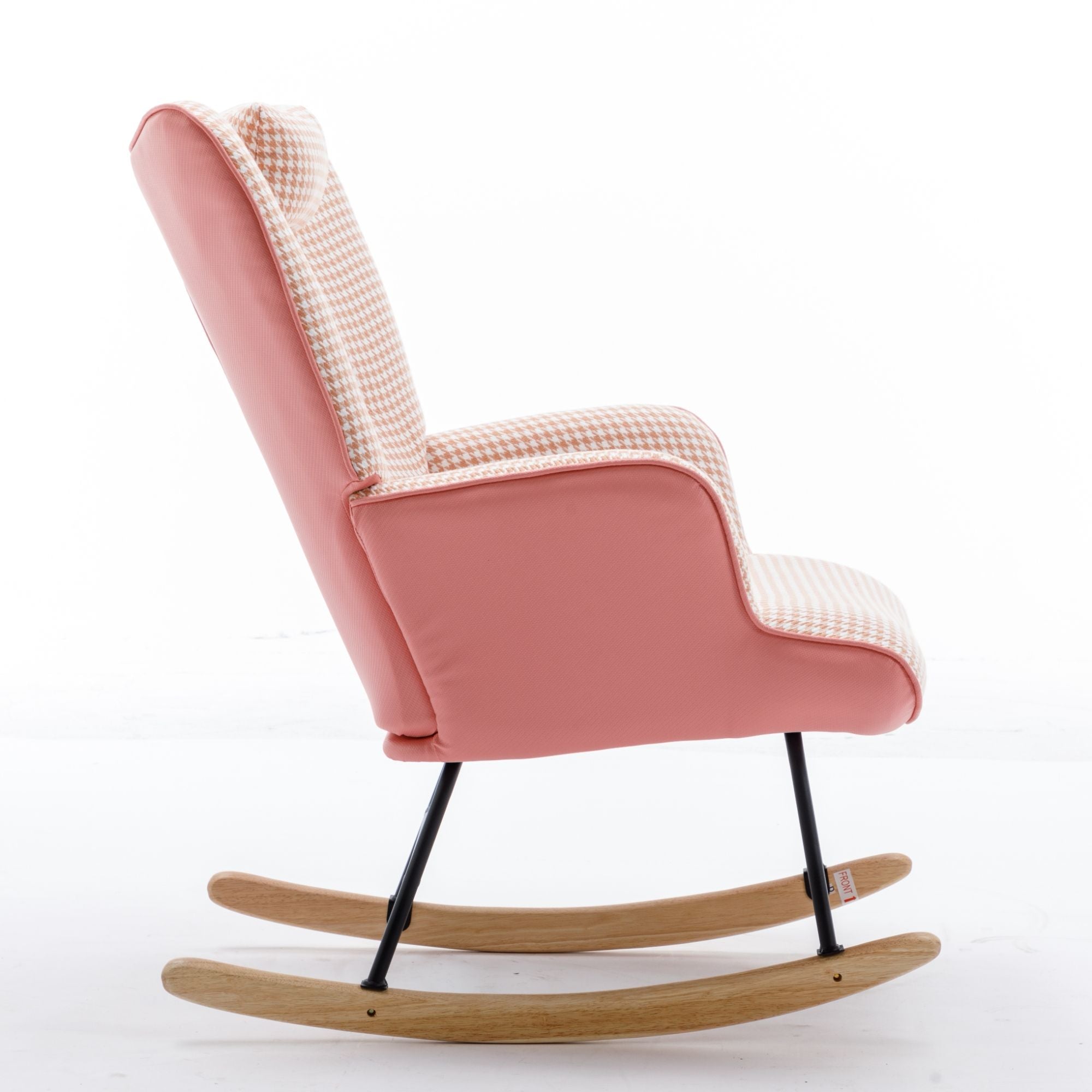 35.5-Inch Rocking Chair, Cozy Reading Chair with Houndstooth and Leather Upholstery, Comfortable Wingback Glider for Nursery, Living Room, Bedroom, or Balcony