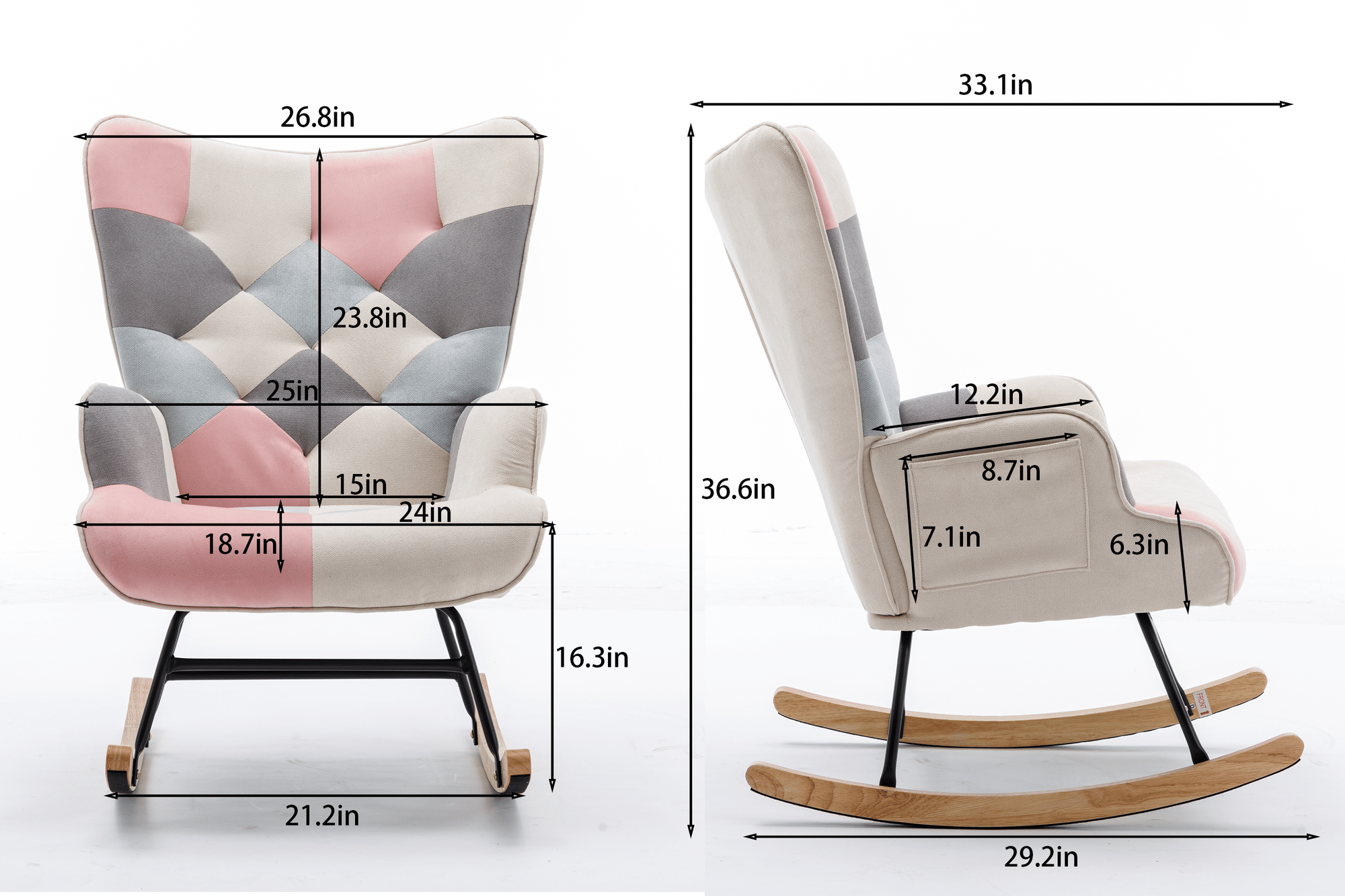 Modern Patchwork Rocking Chair with Solid Wood Armrests and Legs
