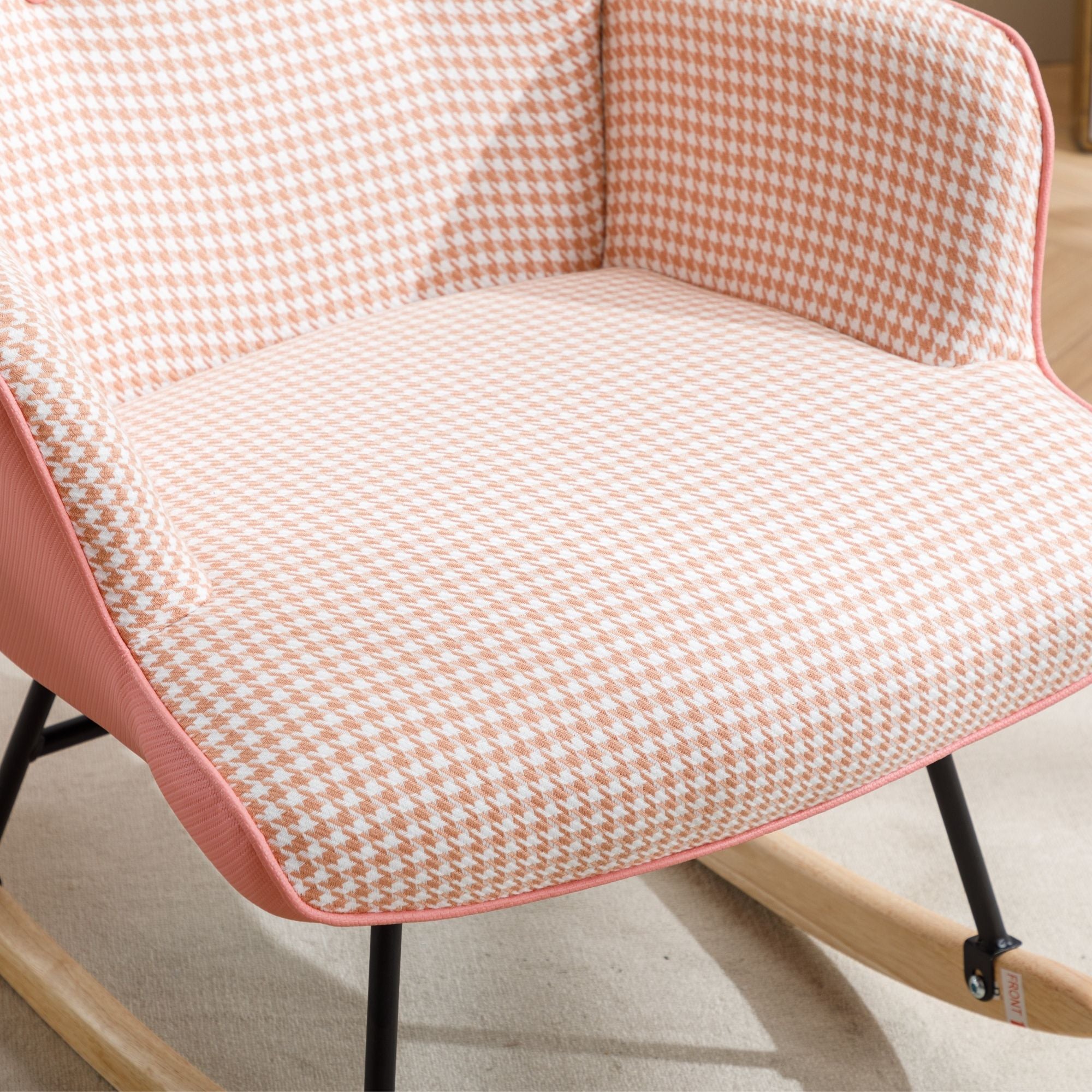 35.5-Inch Rocking Chair, Cozy Reading Chair with Houndstooth and Leather Upholstery, Comfortable Wingback Glider for Nursery, Living Room, Bedroom, or Balcony
