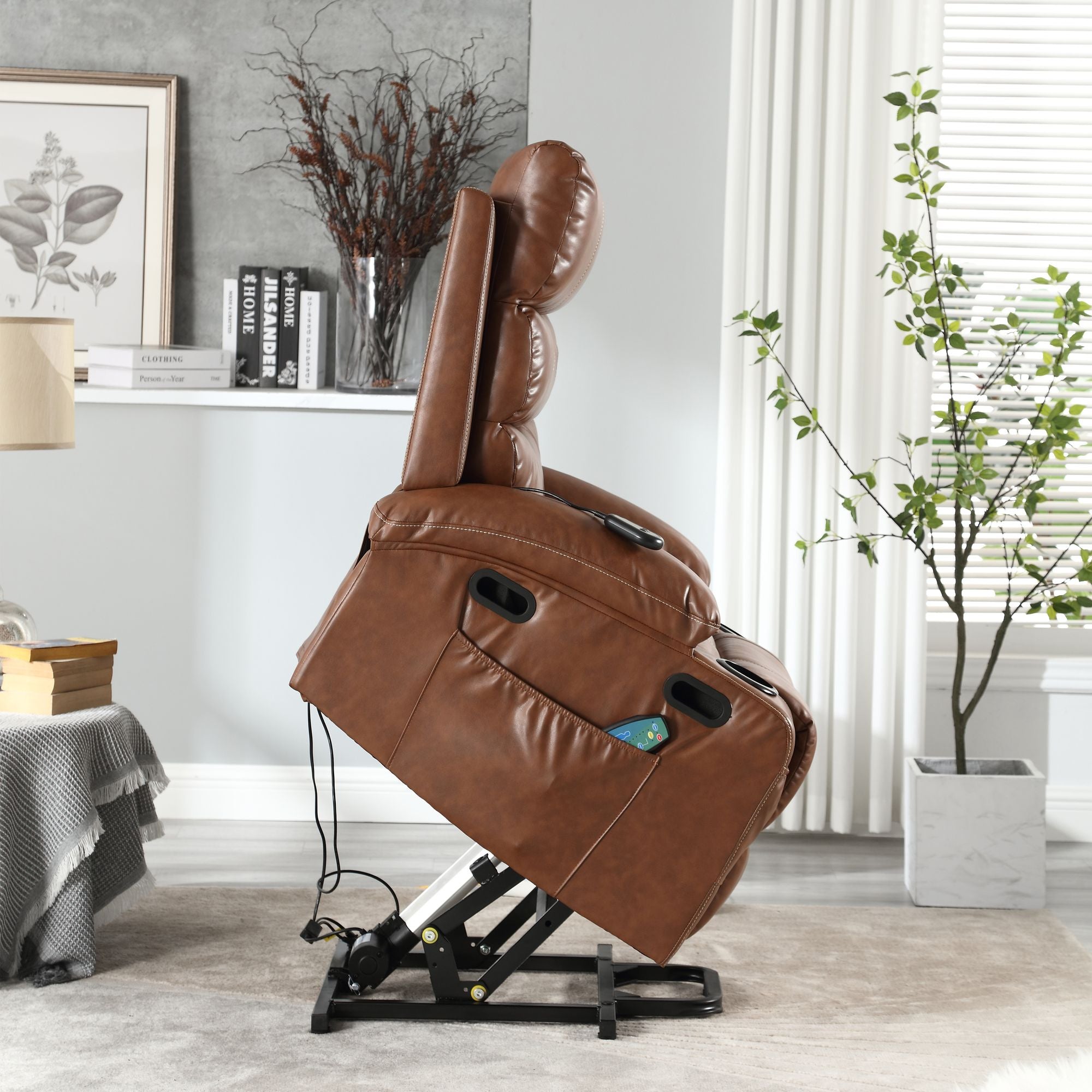 21" Wide Electric Lift Recliner for Elderly, Massage, Heat, Remote, Cup Holders, and Side Pockets