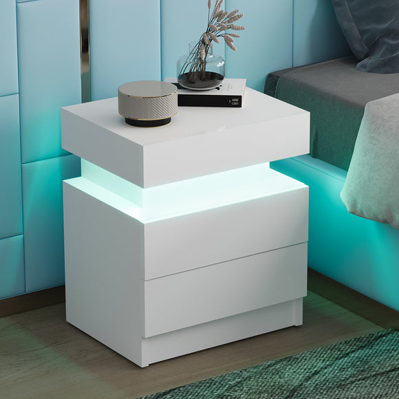 Modern White Nightstand with LED Light 2 Drawers Flipping Top Storage