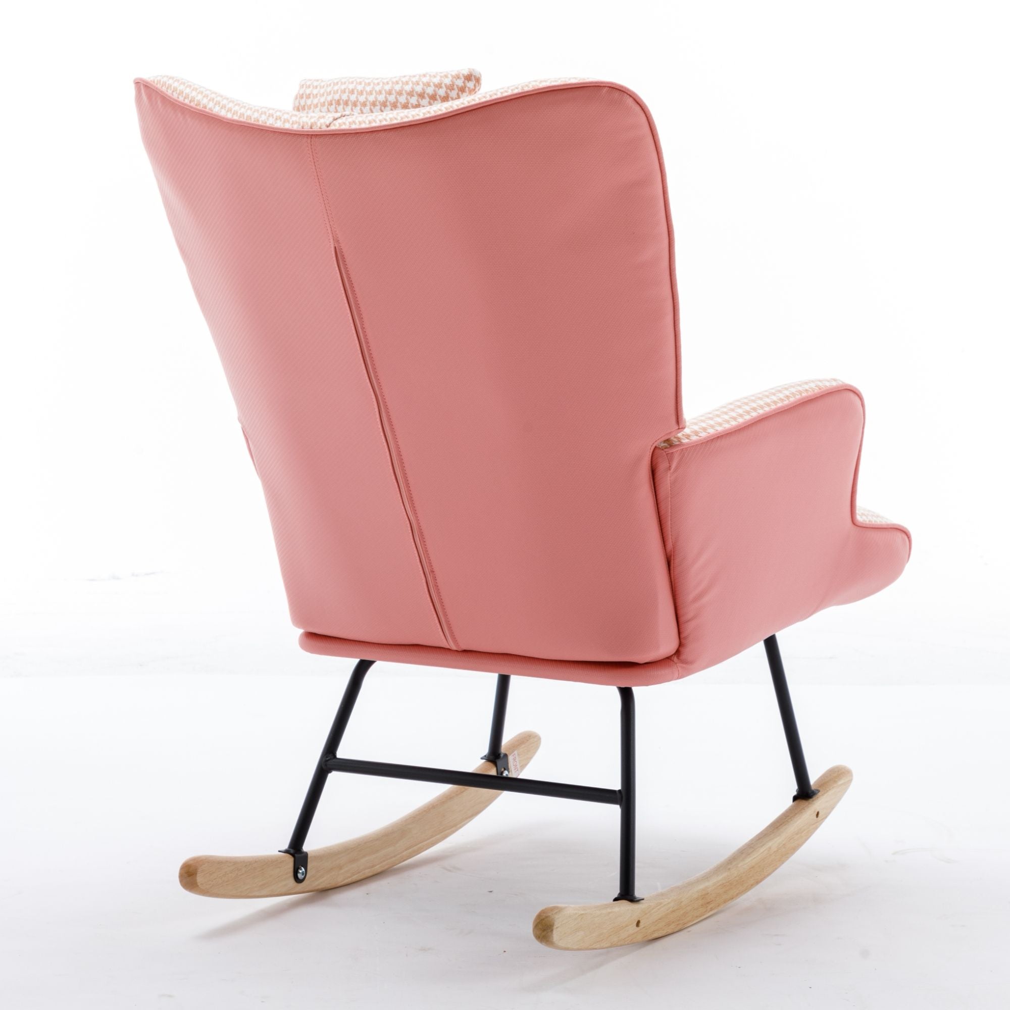 35.5-Inch Rocking Chair, Cozy Reading Chair with Houndstooth and Leather Upholstery, Comfortable Wingback Glider for Nursery, Living Room, Bedroom, or Balcony