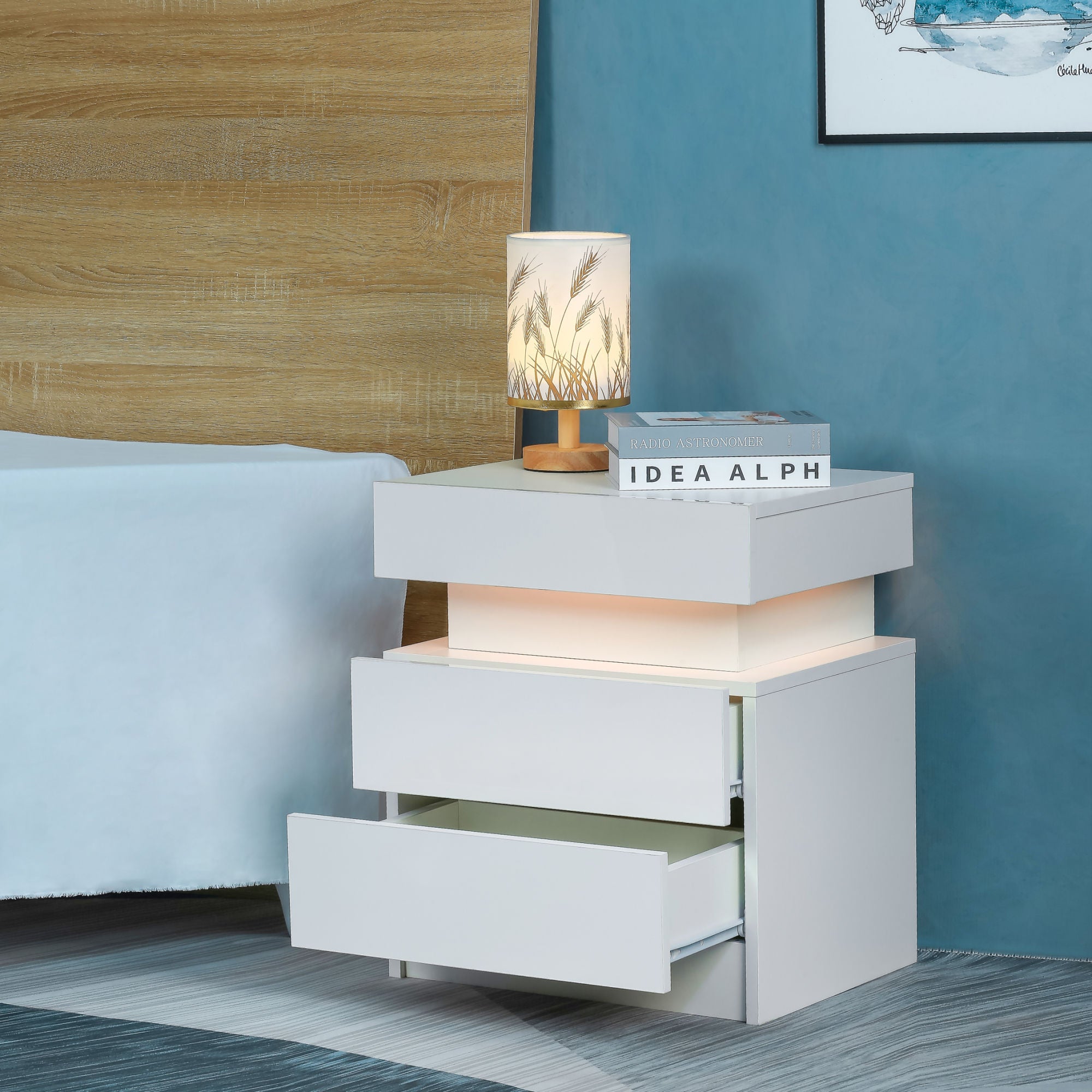 Modern LED Nightstand with 2 High Gloss Drawers and RGB Lights – White