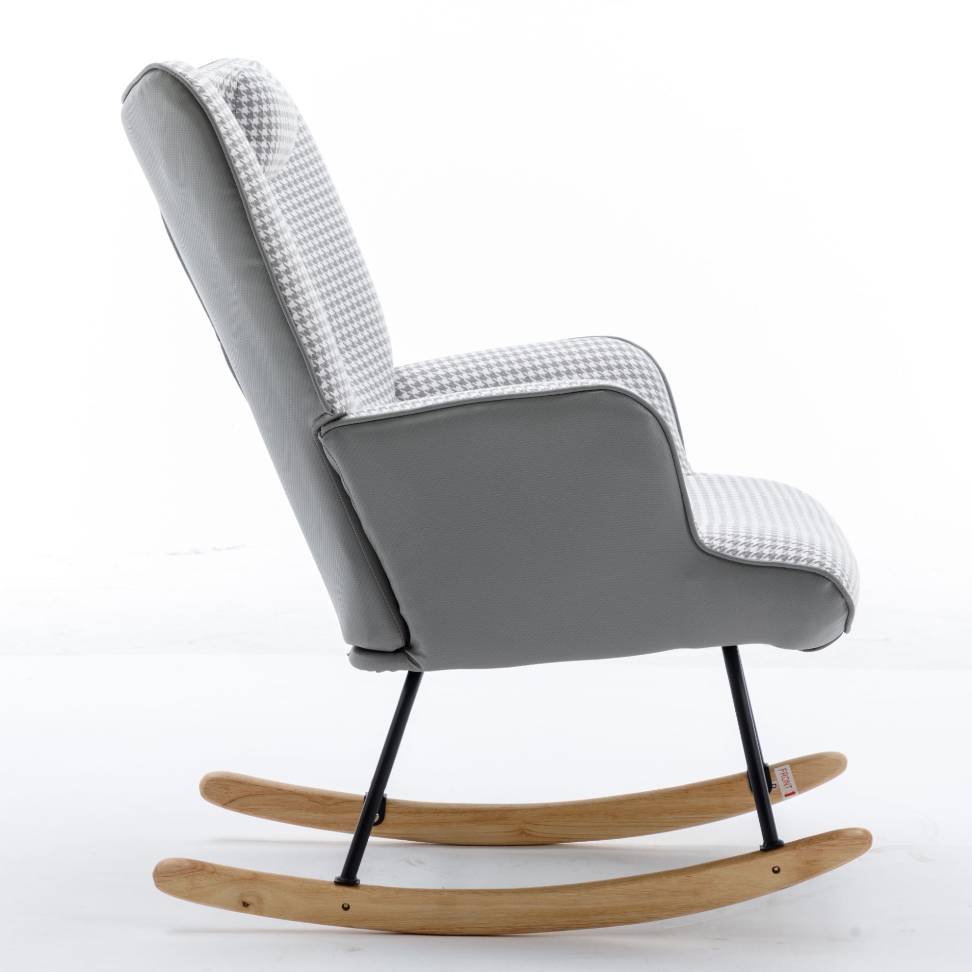 35.5-Inch Rocking Chair, Cozy Reading Chair with Houndstooth and Leather Upholstery, Comfortable Wingback Glider for Nursery, Living Room, Bedroom, or Balcony