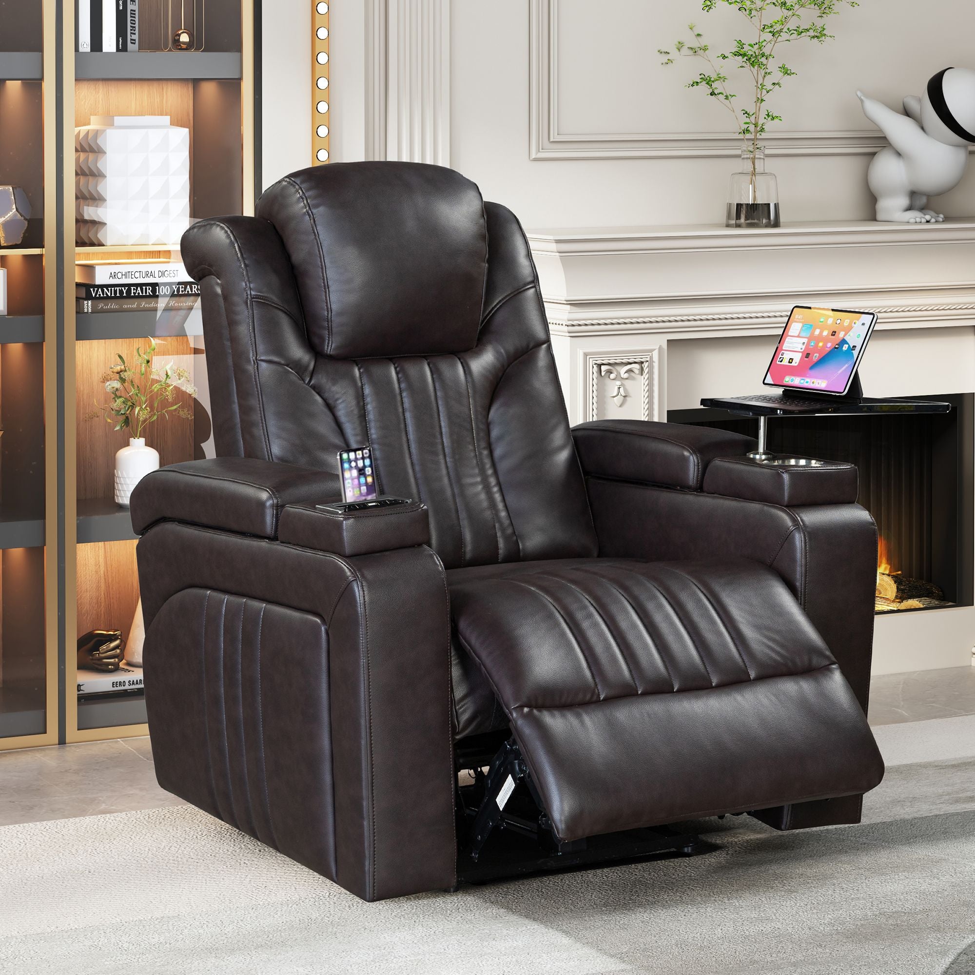 PU Leather Power Recliner with Adjustable Headrest, Wireless Charging, USB, Storage, Cup Holder & Tray